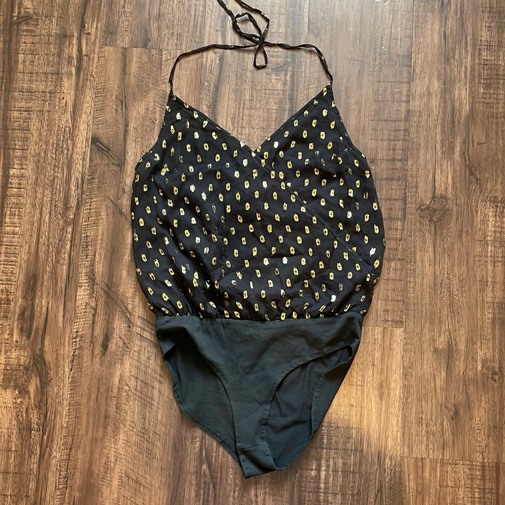 Urban Outfitters black halter bodysuit gold shimmer NWT small